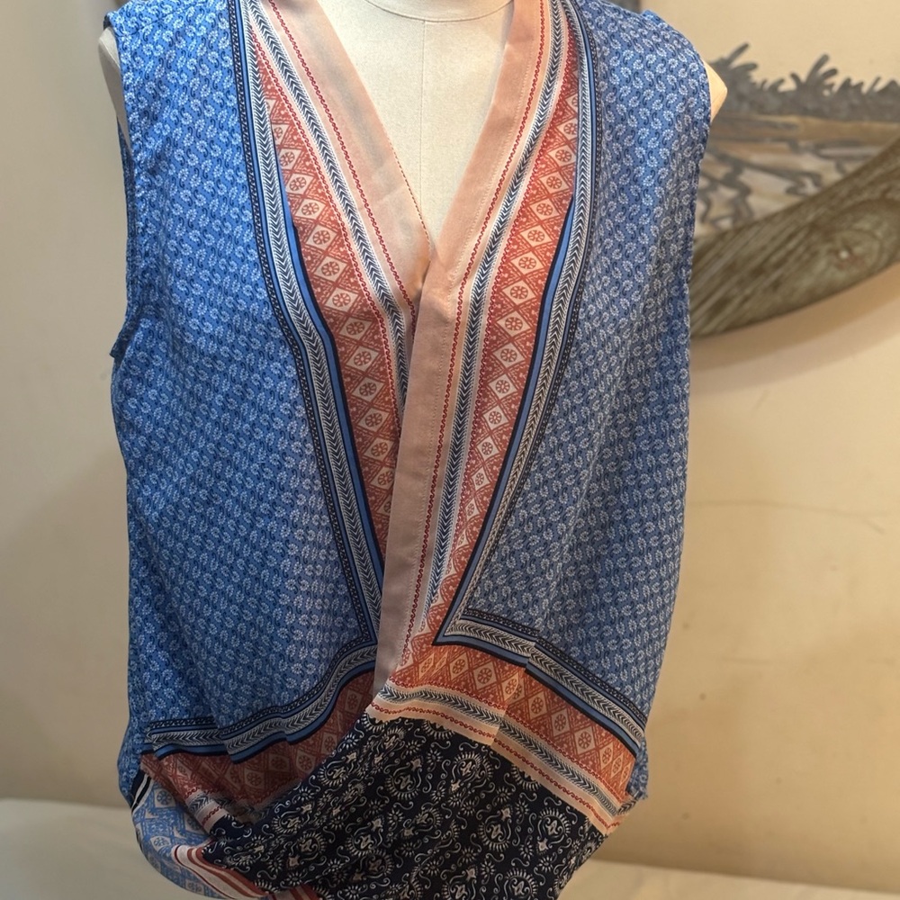 Liz Claiborne Blue and Orange V-Neck Blouse